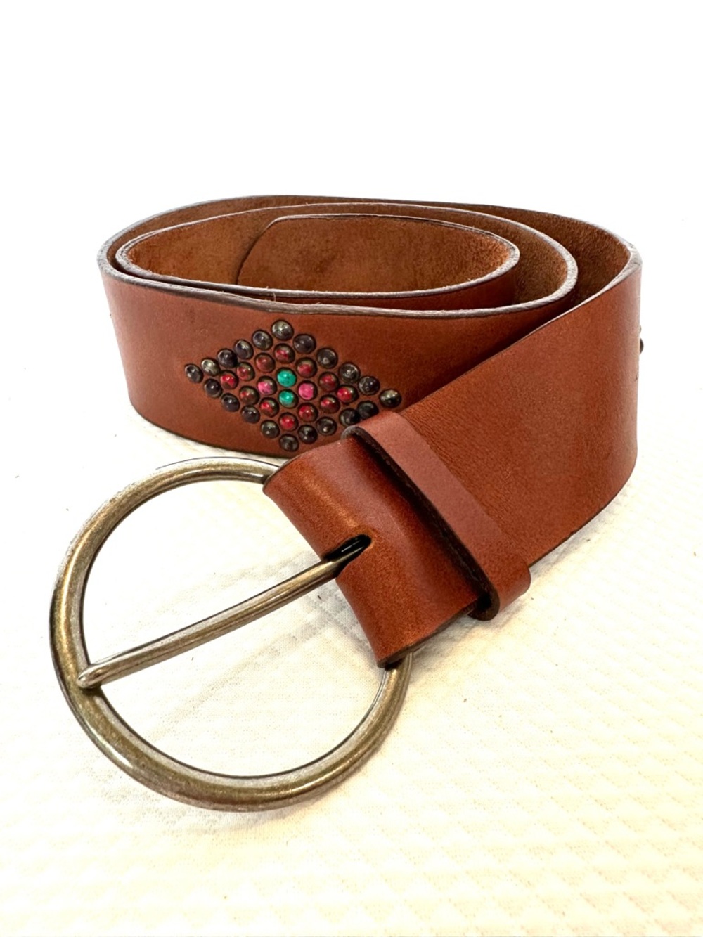 Wide Brown Boho Retro Studded Leather Belt Round Silver Buckle Hippie Vintage